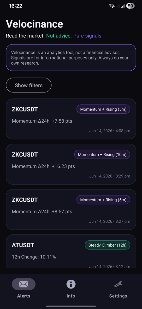 Velocinance mobile app screenshot